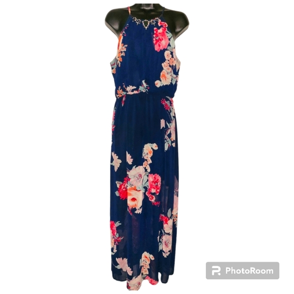 Maxi Dress Blue with Floral design and matching Necklace attached - Picture 1 of 8